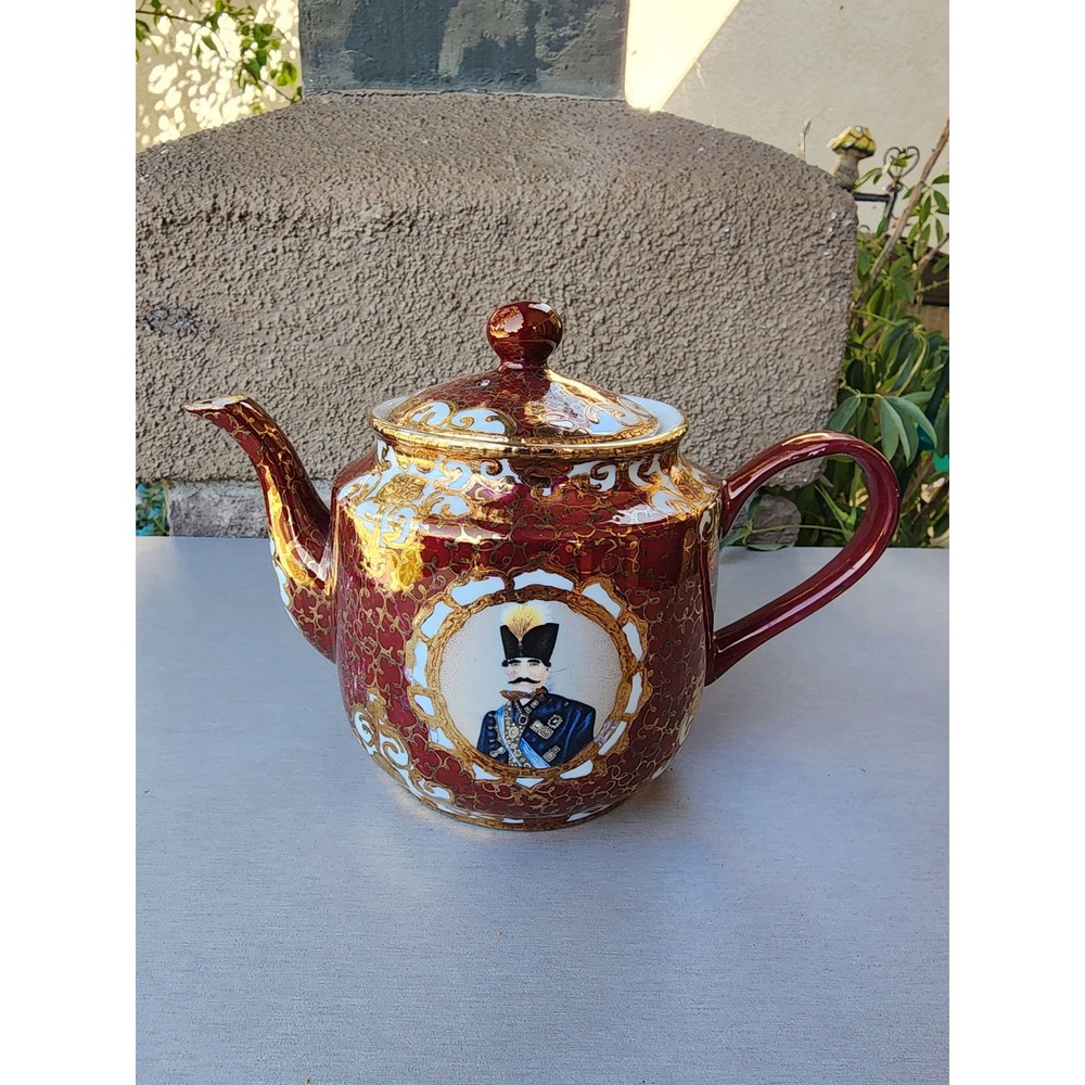 Vintage Persian Naser al-Din Shah Qajar Red & Gold Porcelain Teapot w/ Lid